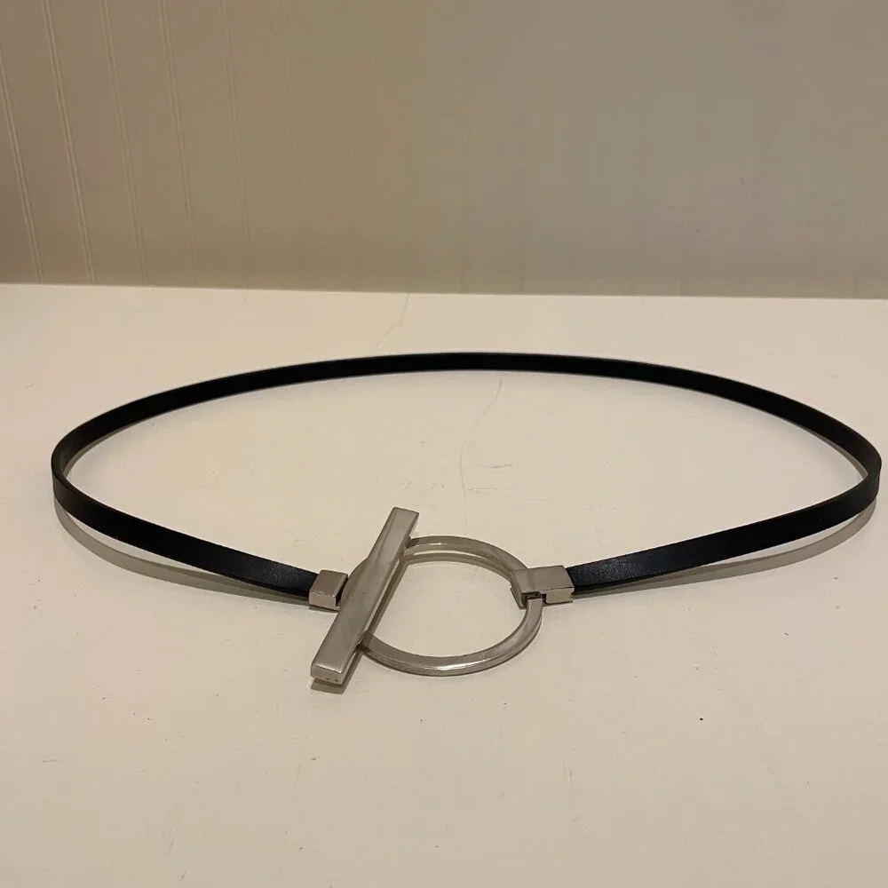 The Limited | Black Skinny Belt with Modern Silver-tone Circle & Toggle | Medium